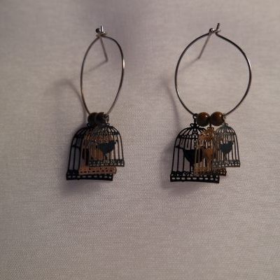créoles cages avec oiseau et œil de tigre