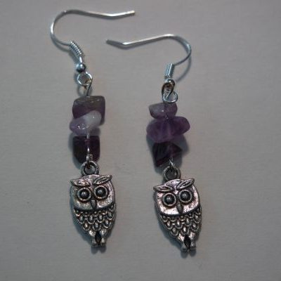 boucles d&rsquo;oreilles améthyste et hibou